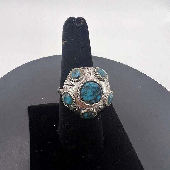 Vintage 1960s Silver Plated Adjustable Hippie Ring Turquoise Mushroom Shape - Picture 7 of 8